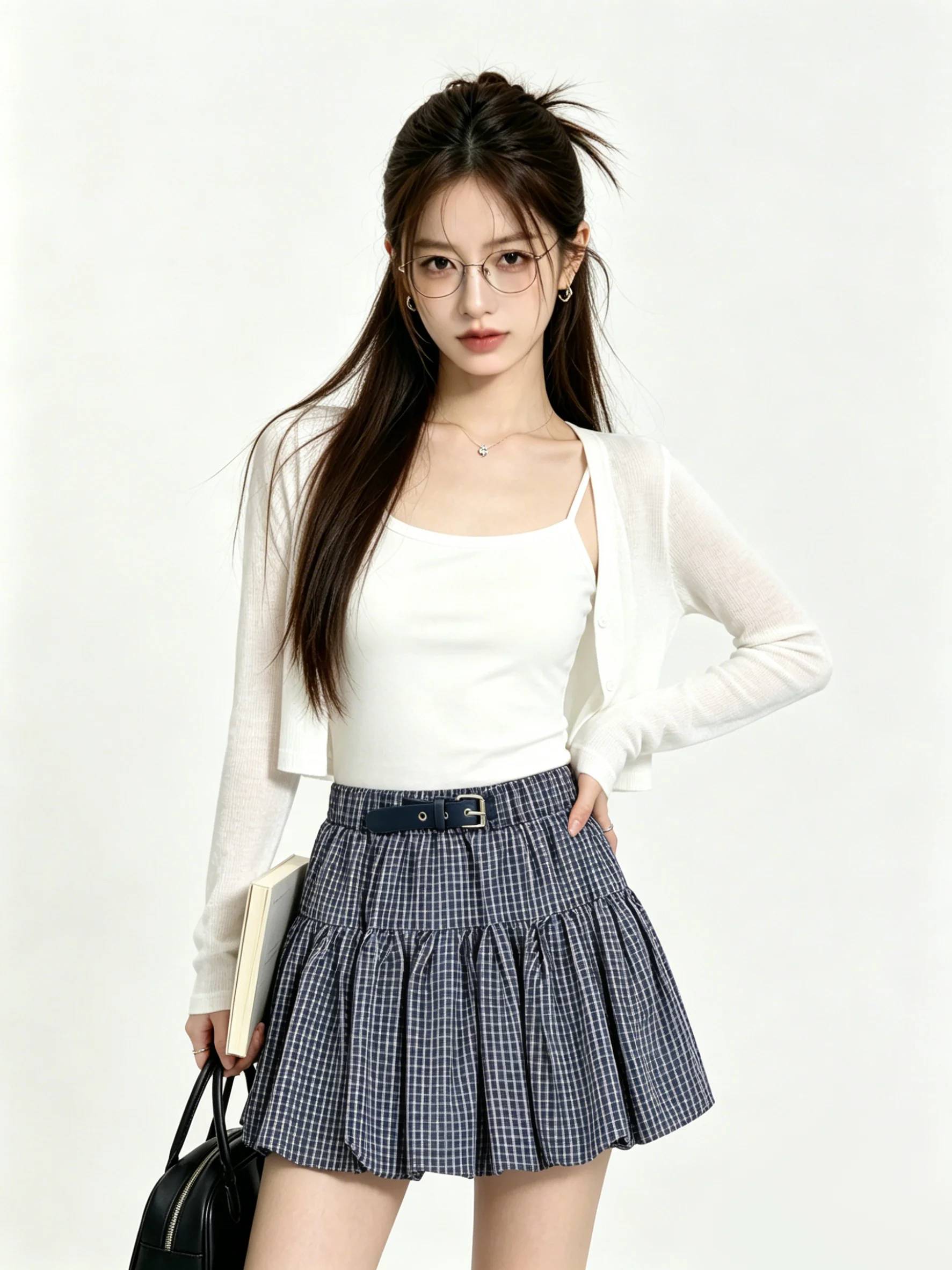 High Waist Padded Short Skirt Korean Style Belted Splice Anti-Light Bloom Print Breathable Skin-Friendly A-Line  Skirt