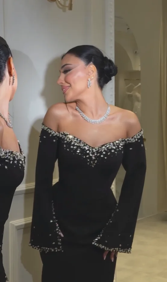 تخصيص مثير خارج على الكتف فستان حفلات المرأة مطرز أسود حفل زفاف مساء فستان الطابق طول فساتين المناسبات الخاصة #5