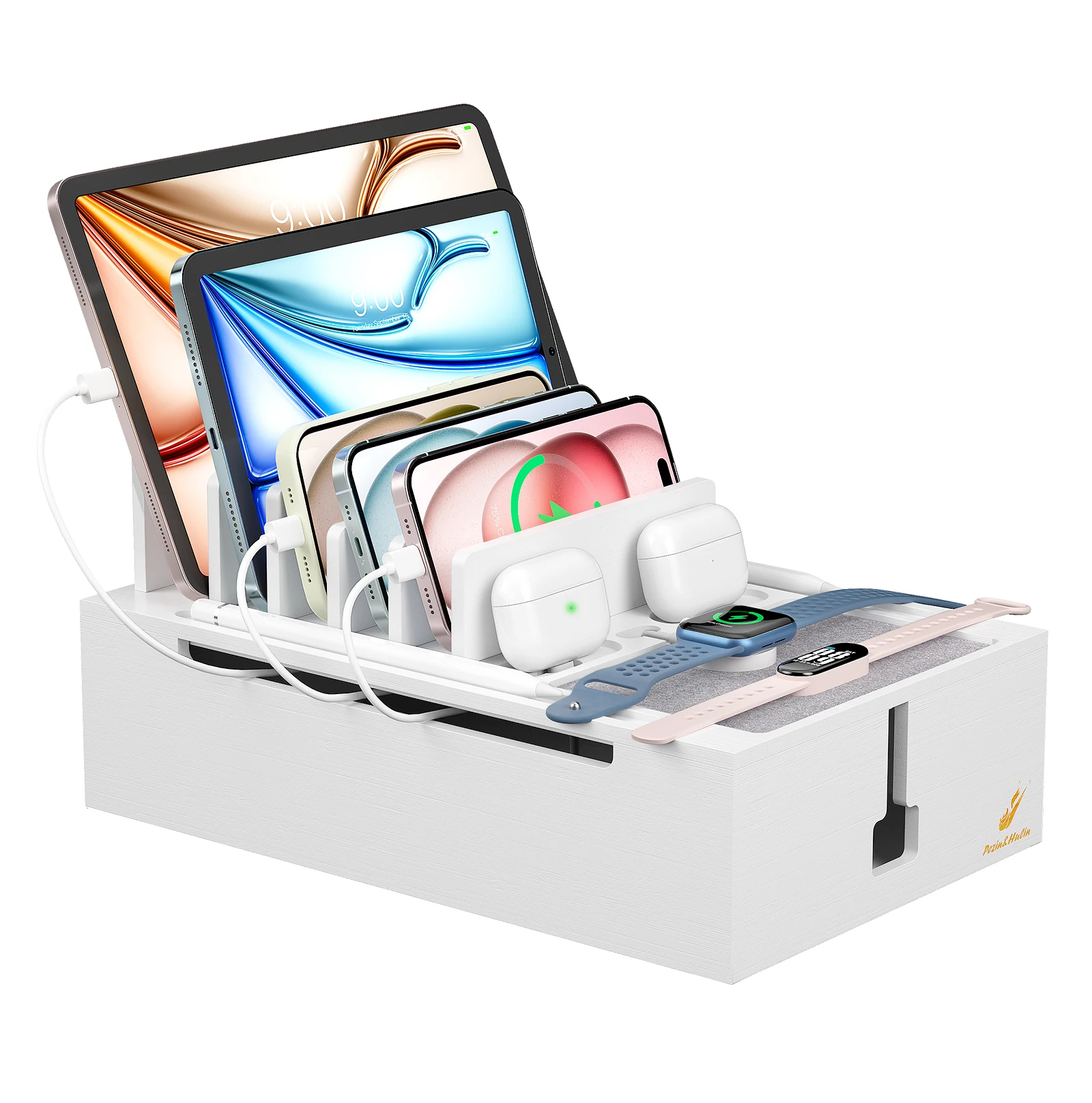 

Бамбуковая зарядная станция для нескольких устройств, зарядная док-станция для телефонов и планшетов (с вилкой Стандарта США, 5-портовым USB-зарядным устройством и 6 кабелями)