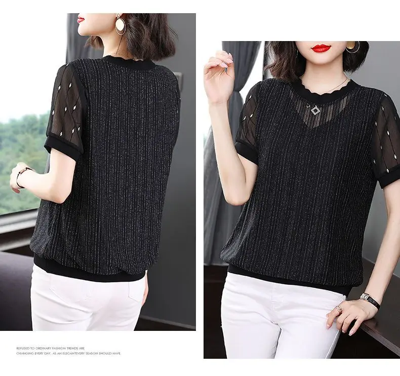 Mãe de meia-idade vestida em um temperamento, camisa de renda de manga curta com redução de idade, capa de barriga solta coreana