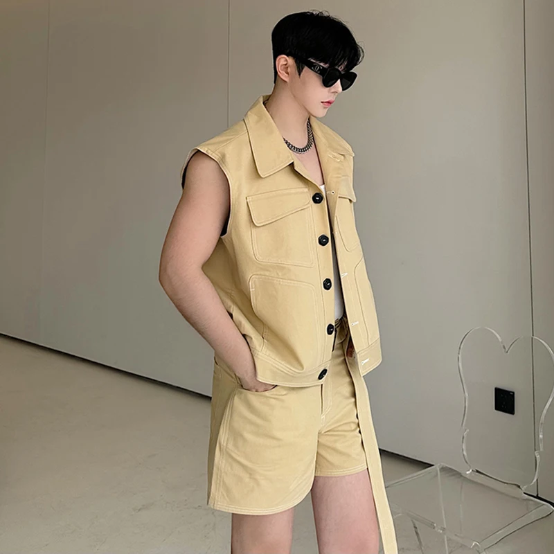 LUZHEN Niche Design Splicing Plain Fashion Sleeveless Vests Two Piece Sets Stylish Handsome Korean Men\'s Straight Shorts LZ4207