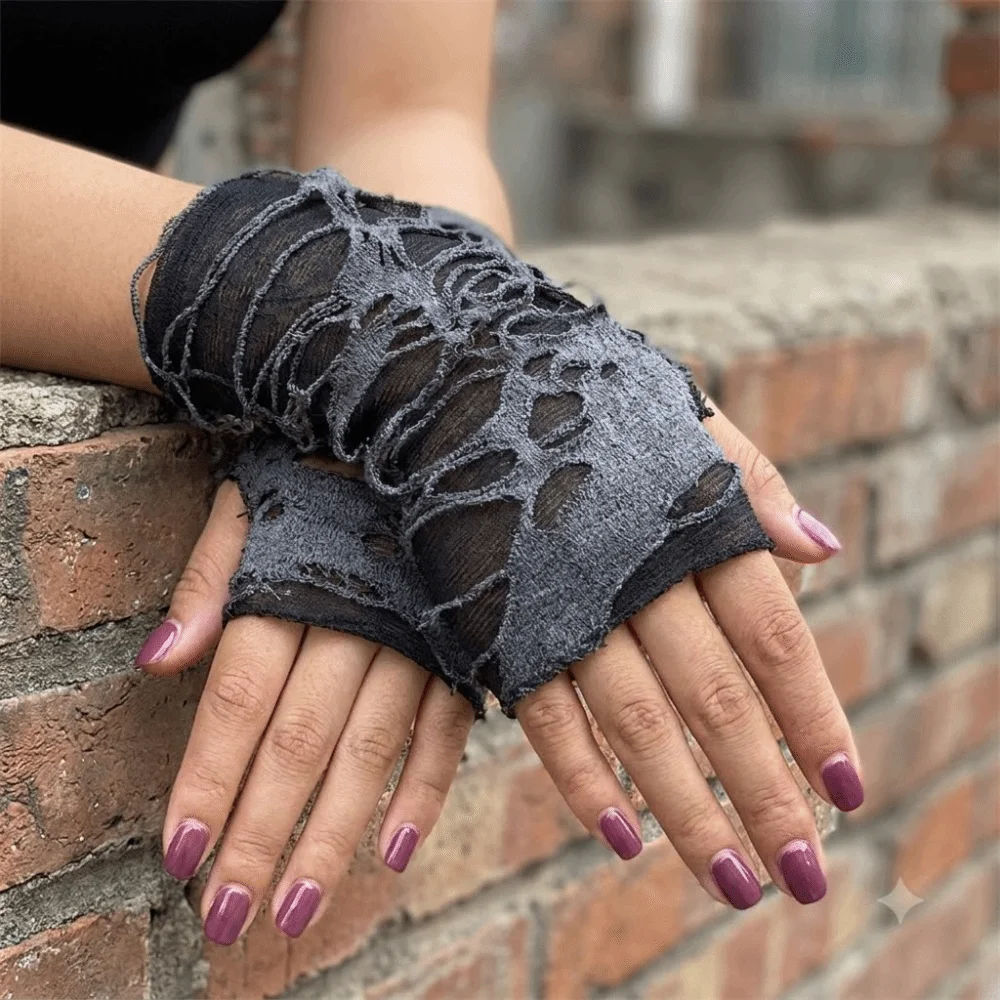Fashion Gothic Style Fingerless Gloves Beggar Halloween Tear Punk Gloves Hollow Out Breathable Ripped Gloves Dance