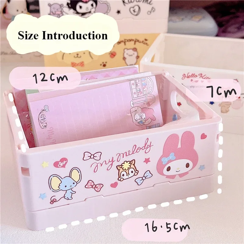 Sanrio Collapsible Crate Plastic Folding Storage Box Basket Kawai Kuromi Cinnamoroll My Melody Desktop Holder Cosmetic Organizer