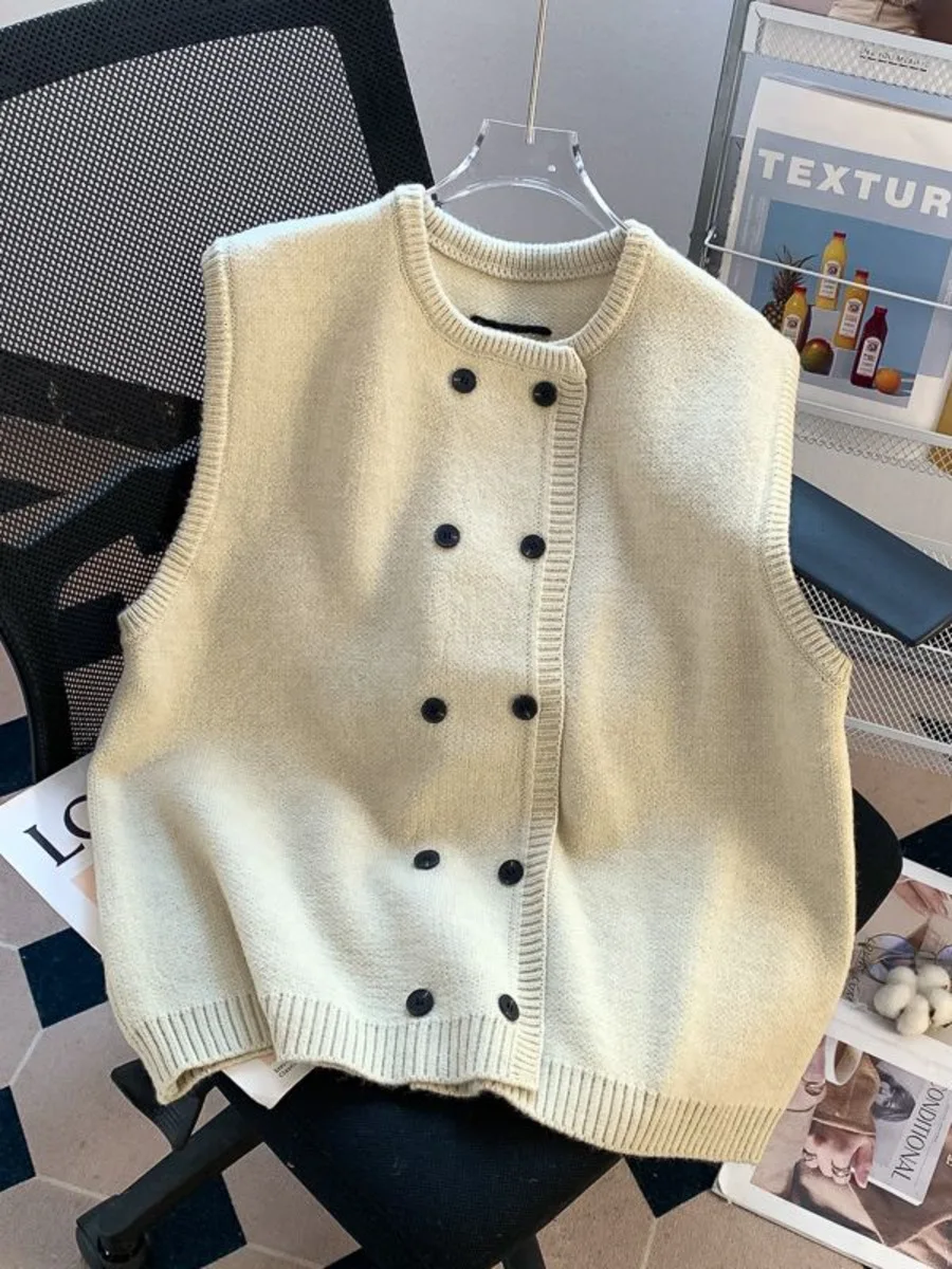 

Двубортный вязаный жилет для женщин, женская одежда без рукавов, пуловер, свитер, вязаный повседневный весенне-осенний топ в стиле ретро
