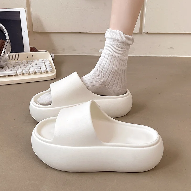 

Ladies solid color platform slippers woman chunky flat slides girls increasing height slippers high heels elevator shoes