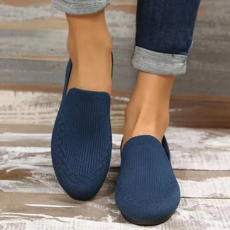 Mocassins deslizantes rasos femininos, sapatos de malha casual, respirável, tamanho grande, simples, cor sólida, novo, outono, 2022