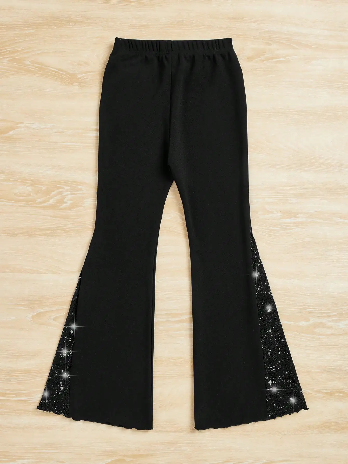 Tween Girl Star Long Pants Print Lettuce Trim Flare Leg Elastic Waist Contrast Sequin