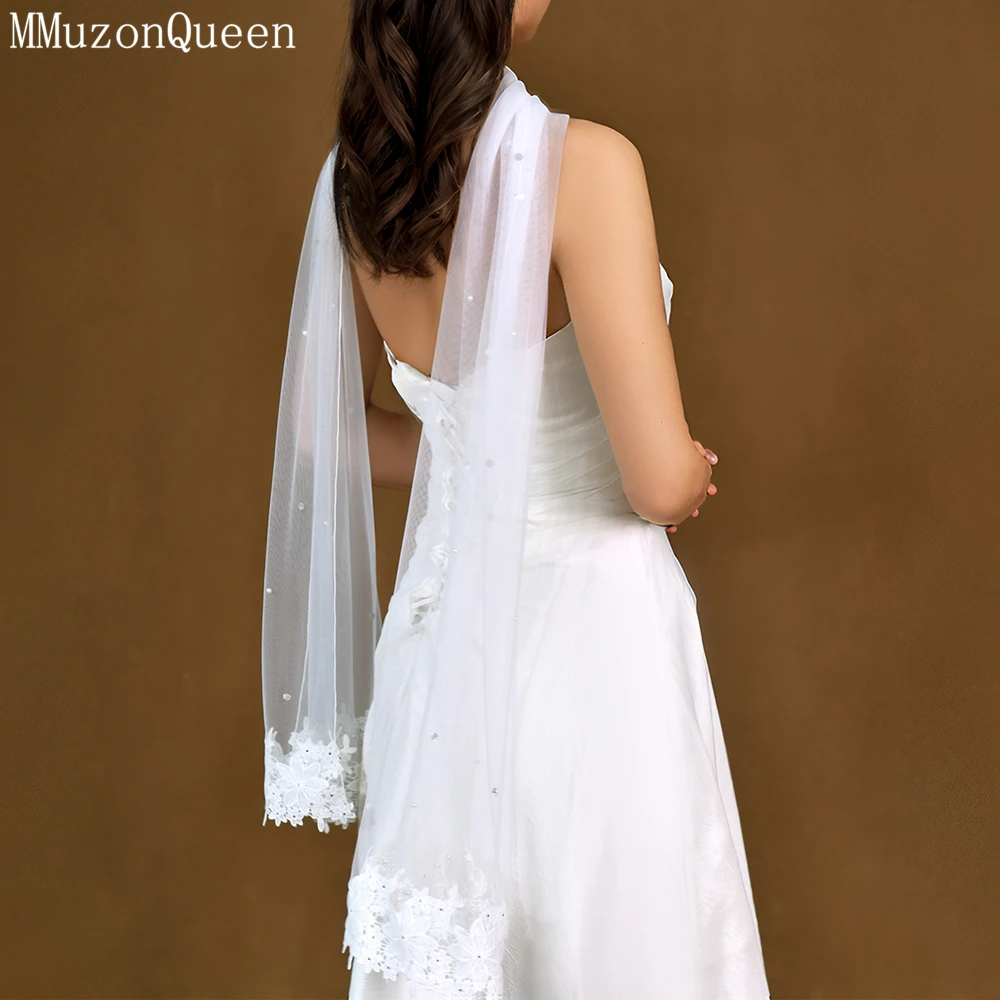 

TOPQUEEN элегантная белая свадебная накидка длиной вальса с кружевными краями, украшенная искусственным жемчугом для свадьбы, настраиваемая MG54
