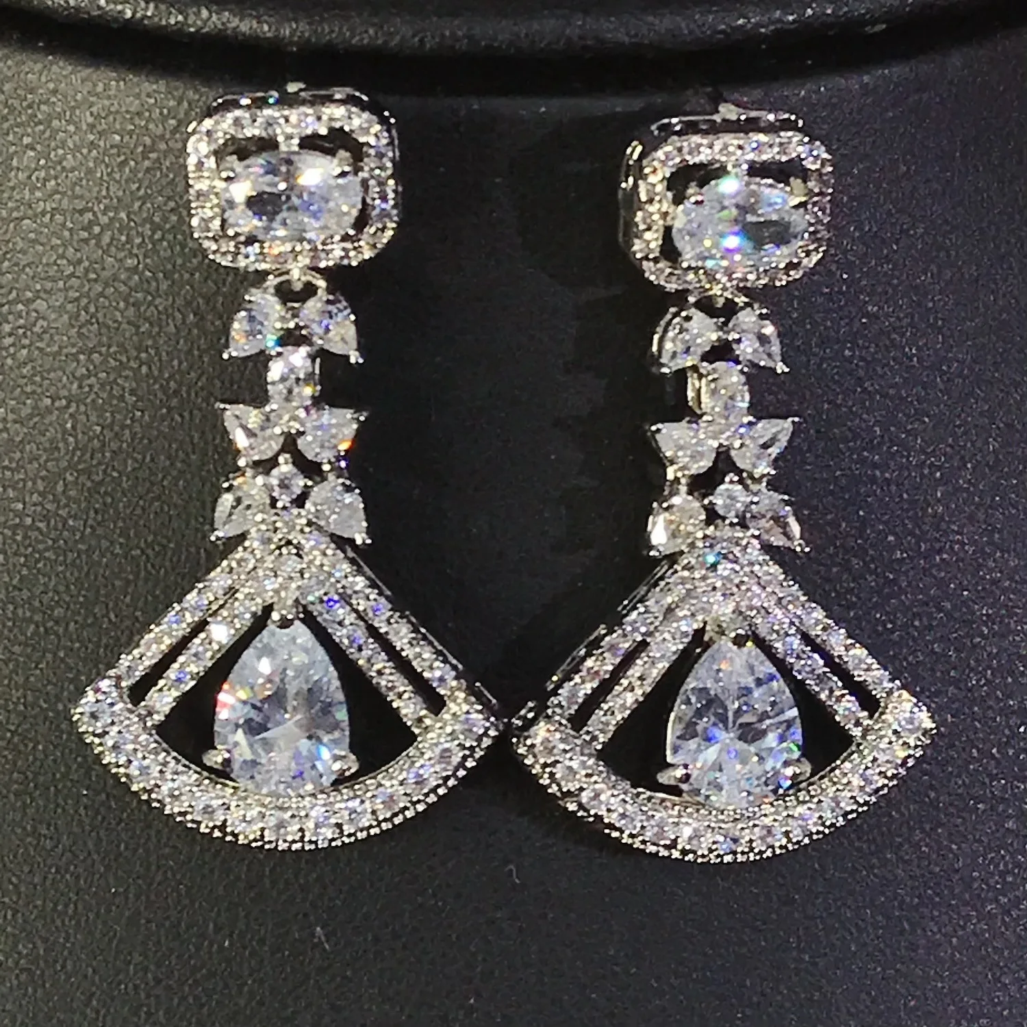 Bridal Jewelry Set Geometric Fan Teardrop Zircon Necklace Drop Earrings, Square Cut Linked CZ Stones for Wedding Evening Party