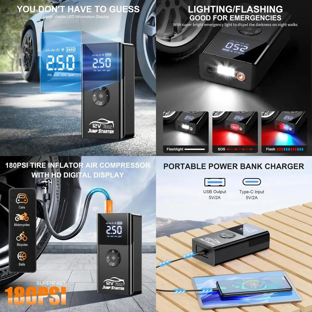 

Jump Starter with Air Compressor, 8000A 180PSI, Portable Car Battery Jump Starter (All Gas/12L Diesel) 12V Automobile Jump Box P