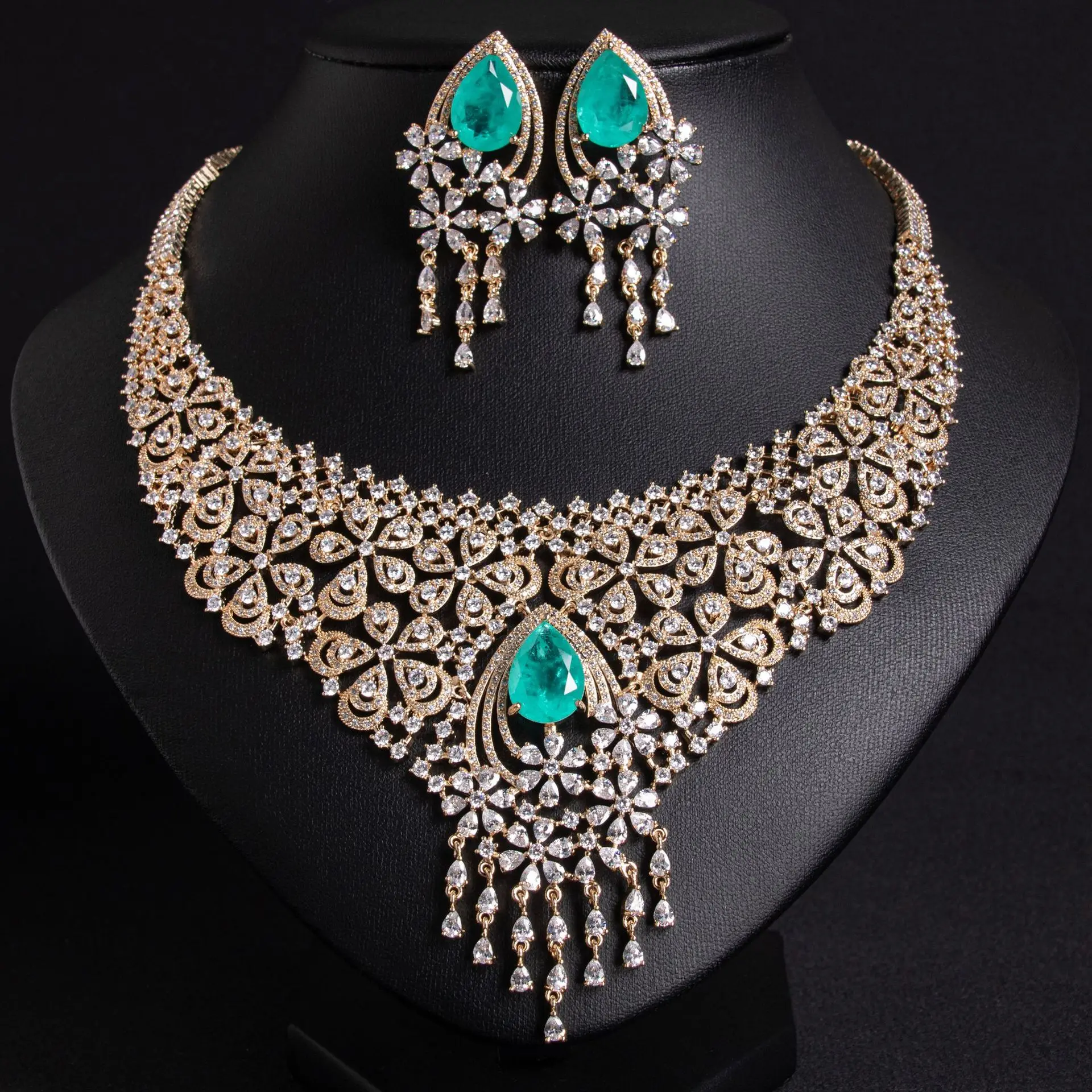 Luxury Cubic Zirconia Flower Jewelry Sets Beautiful Dubai Indian Bridal Wedding Necklace Earrings Sets for Wedding Party