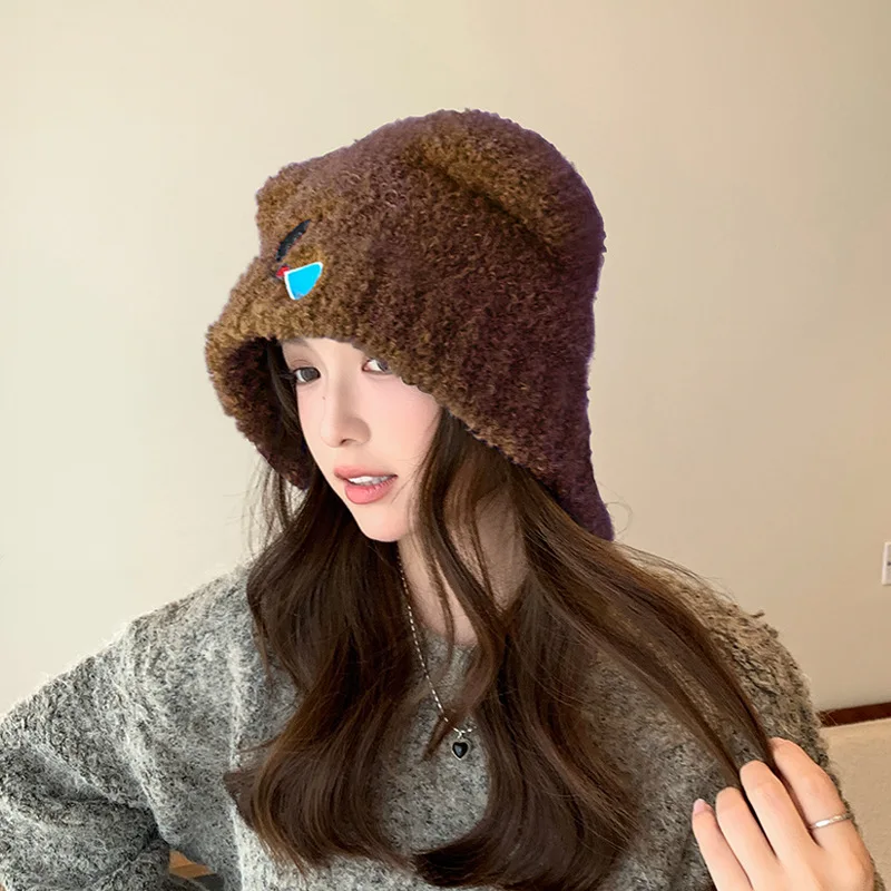 여성용 곰 코알라 쇼 얼굴 작은 귀 보호 슬리브 모자, 벨벳 따뜻한 니트 모직 모자, 야외 스키, 가을 겨울 모자