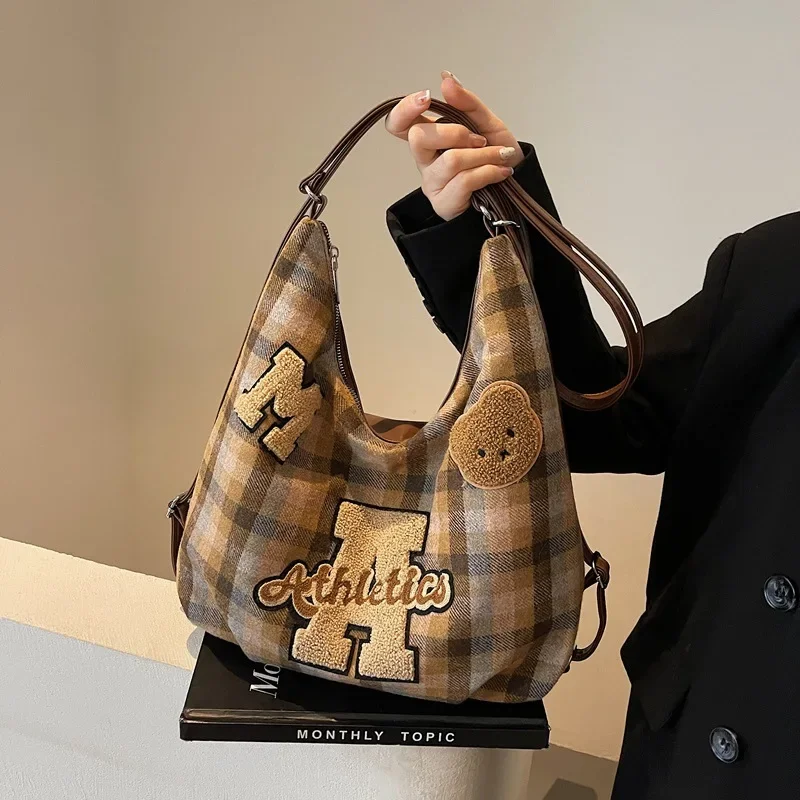 Vintage College Style Plaid Bag Women's Fashion Sweet Bear Backpack Women's Autumn and Winter New Women's Shoulder Bag