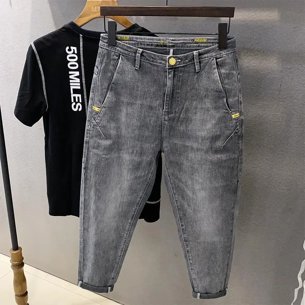 Primavera verão solto cone calças masculinas pés pequenos magro-encaixe calças de cor clara simples baggy street wear jeans homem jeans