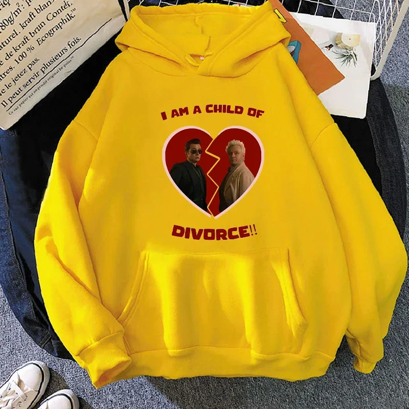 Good Omens I am a child of divorce Hoodies Cartoon Graphic Printing Sweatshirt with Hooded Comfortable Women/Men Pullovers Tops