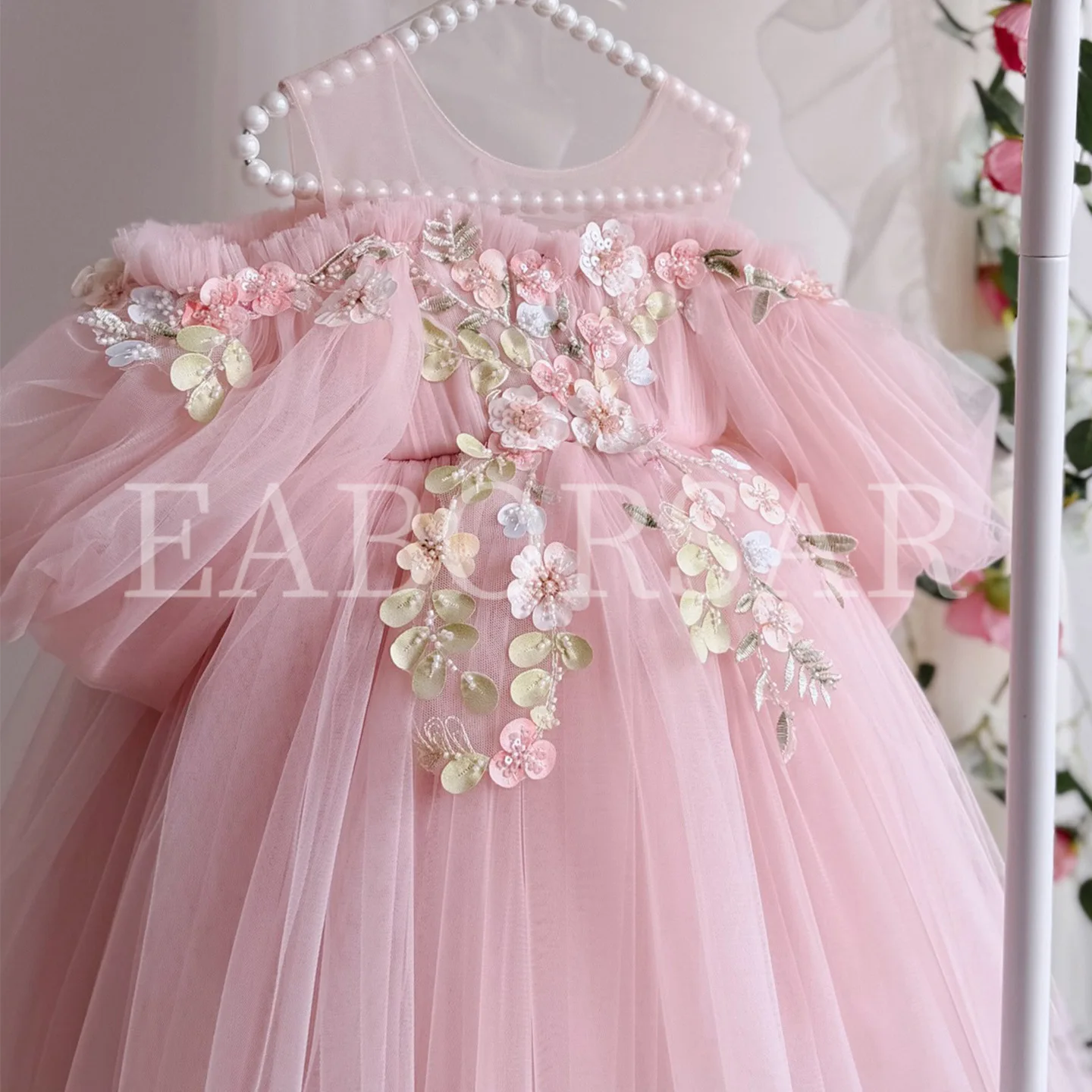 Girls Pink Princess Tutu Dress Netting Tulle Party Gown Sweet Floral Toddler Formal Evening Wedding Pageant Photoshoot Outfit