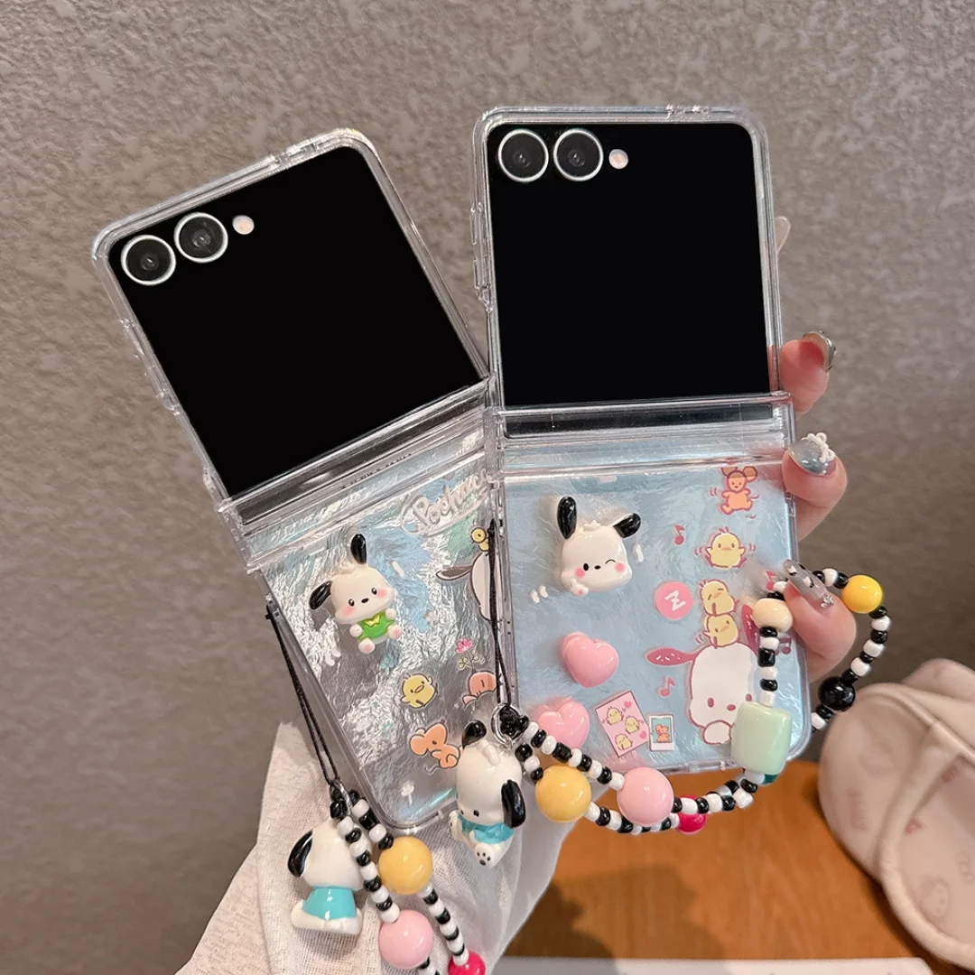 

Japan Korean Cute Pochacco Bracelet Hinge Protective Case For Samsung Z Flip 7/6/5/4/3 Transparent PC Hard back Cover