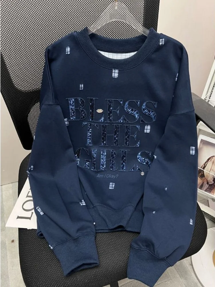 

Retro American Glitter Letter round Ne Sweatirt Heavy Work Loose Long Sve Women's Sle Spring Autumn Slimming Versati...