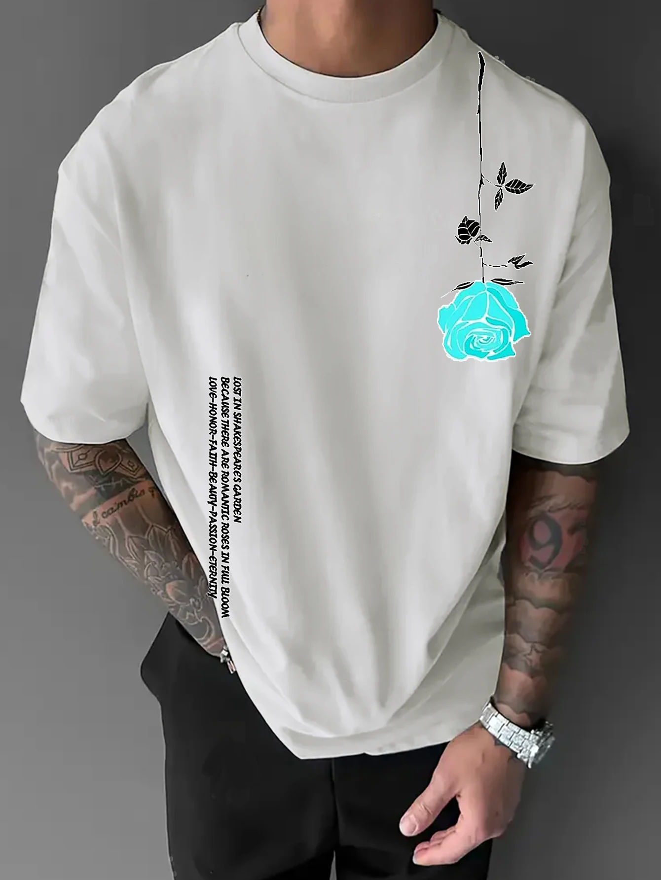 Men Oversized Crew Neck T-Shirt, Red Rose Vertical Text Shakespeare Garden Graphic Short Sleeve Tee, Gothic Romantic Streetwear