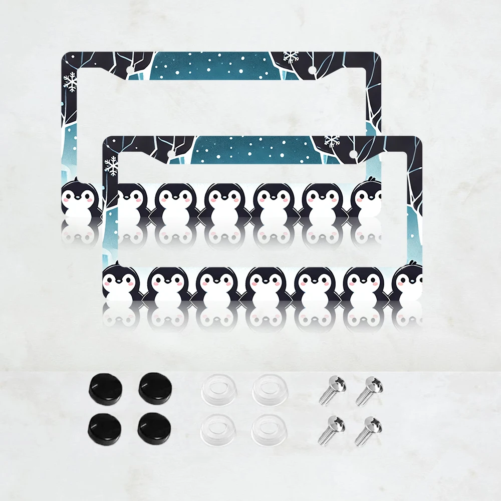 

2PC Penguin Family Aluminum License Plate Holder - Durable and Stylish Blue Car Accessory with White Penguin Design