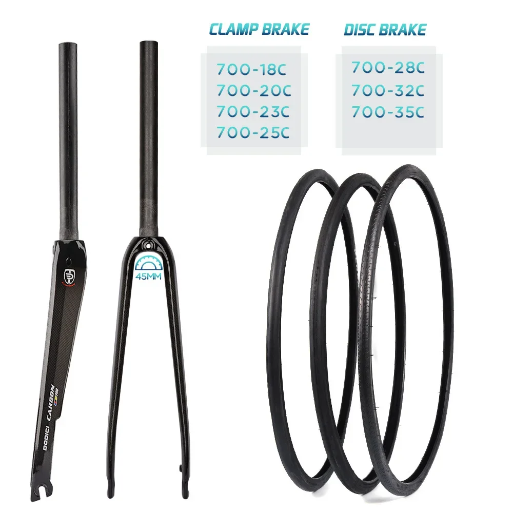 DODICI Ultra-light Carbon Fiber Bicycle Front Fork Straight Tube City Road Bike Hard Fork 700C*18C-35C Disc Brake / Clamp Brake