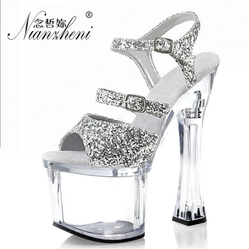

Peep Toe High Heels 18cm Square Heel Full Dress Exotic Dancer Punk Style 7 Inch Sexy Bride Fetish Party Show Footwear