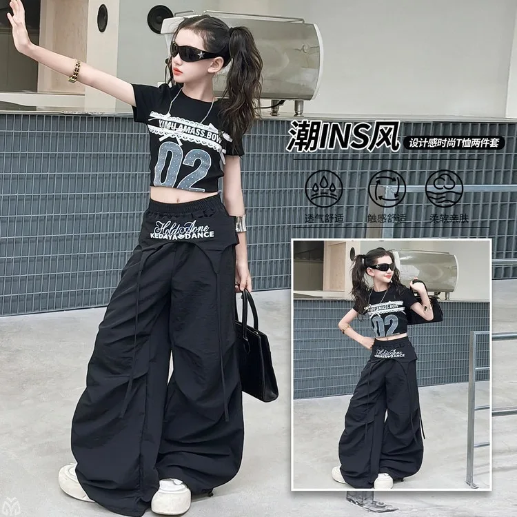 2026 New Summer Girls Jazz Hip Hop Dance Set Heavy-Duty Letter Print Short Sleeve T-Shirt Cargo Pants Cool Streetwear Outfit