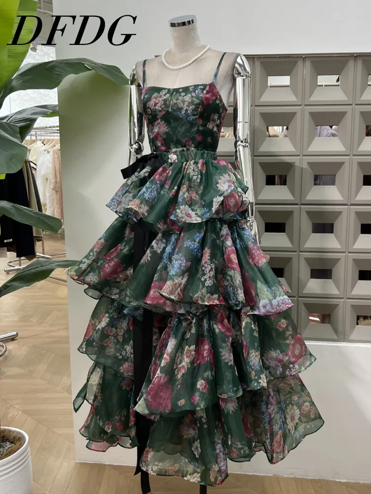 DFDG Bow Organza Elegancka, temperamentna spódnica na ramiączkach Warstwowa spódnica z ciasta dla kobiet Wiosna i lato Nowa kolekcja 2024