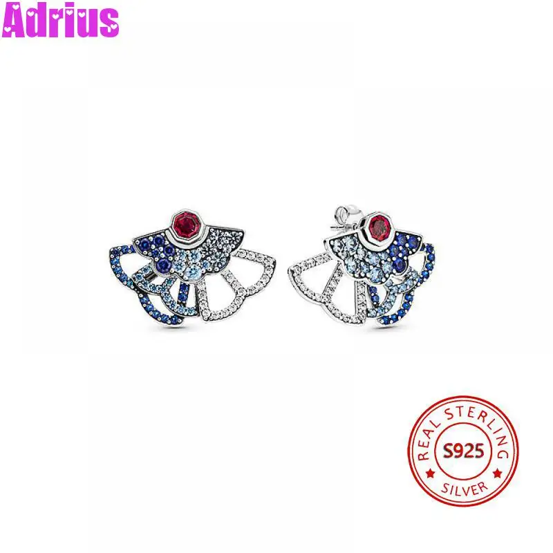 2024 New 925 Sterling Silver Earring Blue & Pink Fan Statement Stud Earrings For Women Wedding Party Fashion Jewelry