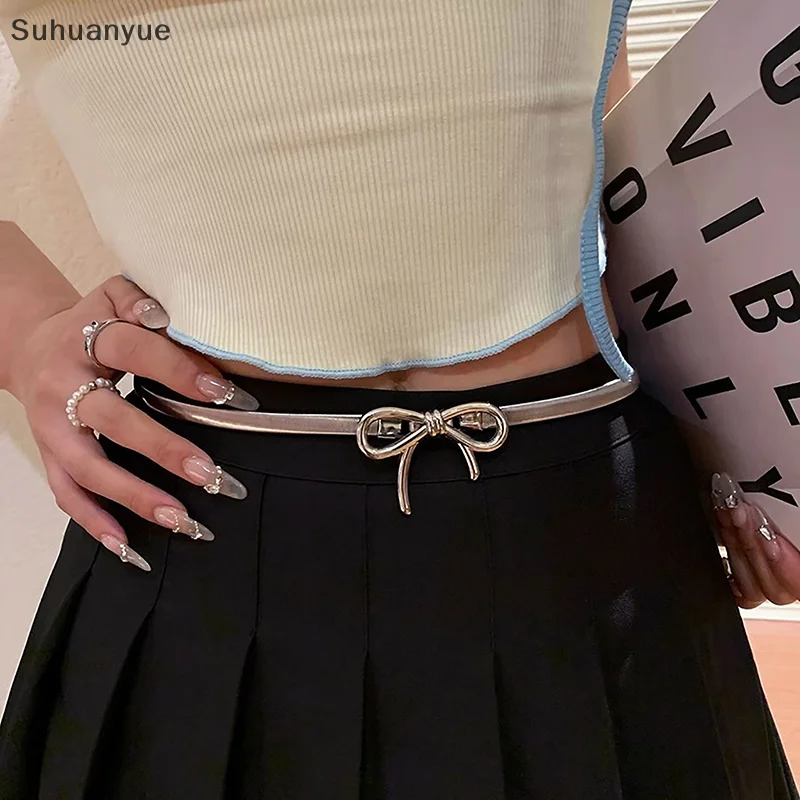 Ins Metal Bow Knot Belt Elastic Force Adjustable Women Y2k Vintage Belt Skirt Pants Accessories Summer Girl Metal Waist Chain
