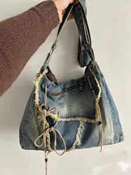 Damska dżinsowa torba Crossbody Vintage Y2k torba na ramię studentka Grunge estetyczna frędzel zakupy Harajuku torebka na ramię