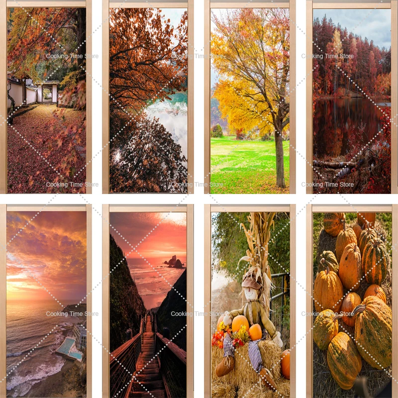 

Autumn Leaf Falling Theme 3D Self-Adhesive Door Stickers Removable Peel and Stick Vinyl Setting Sun Wall Door Wallpaper Sticker