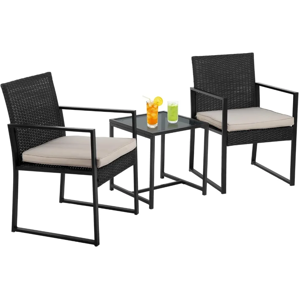 

Rattan Wicker Bistro Set Outdoor Conversation Set Sturdy Frame Wicker Furniture with 2 Chairs Cushions Tempered Glass Table