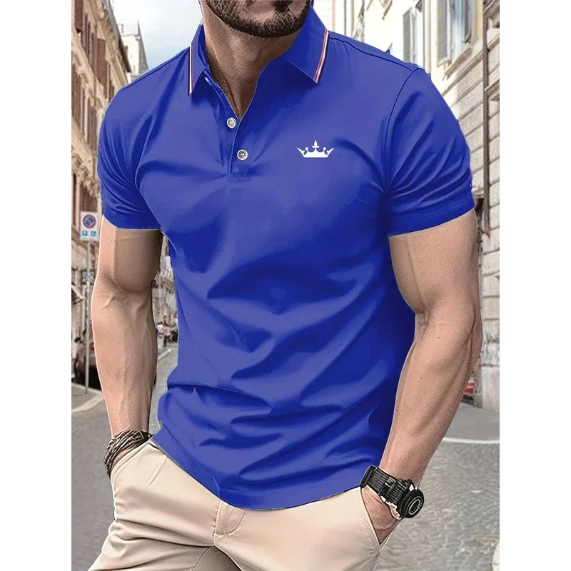 2025 New Men's Polo shirt with crown pattern printed summer lapel striped men's short-sleeved casual, breathable and light luxur