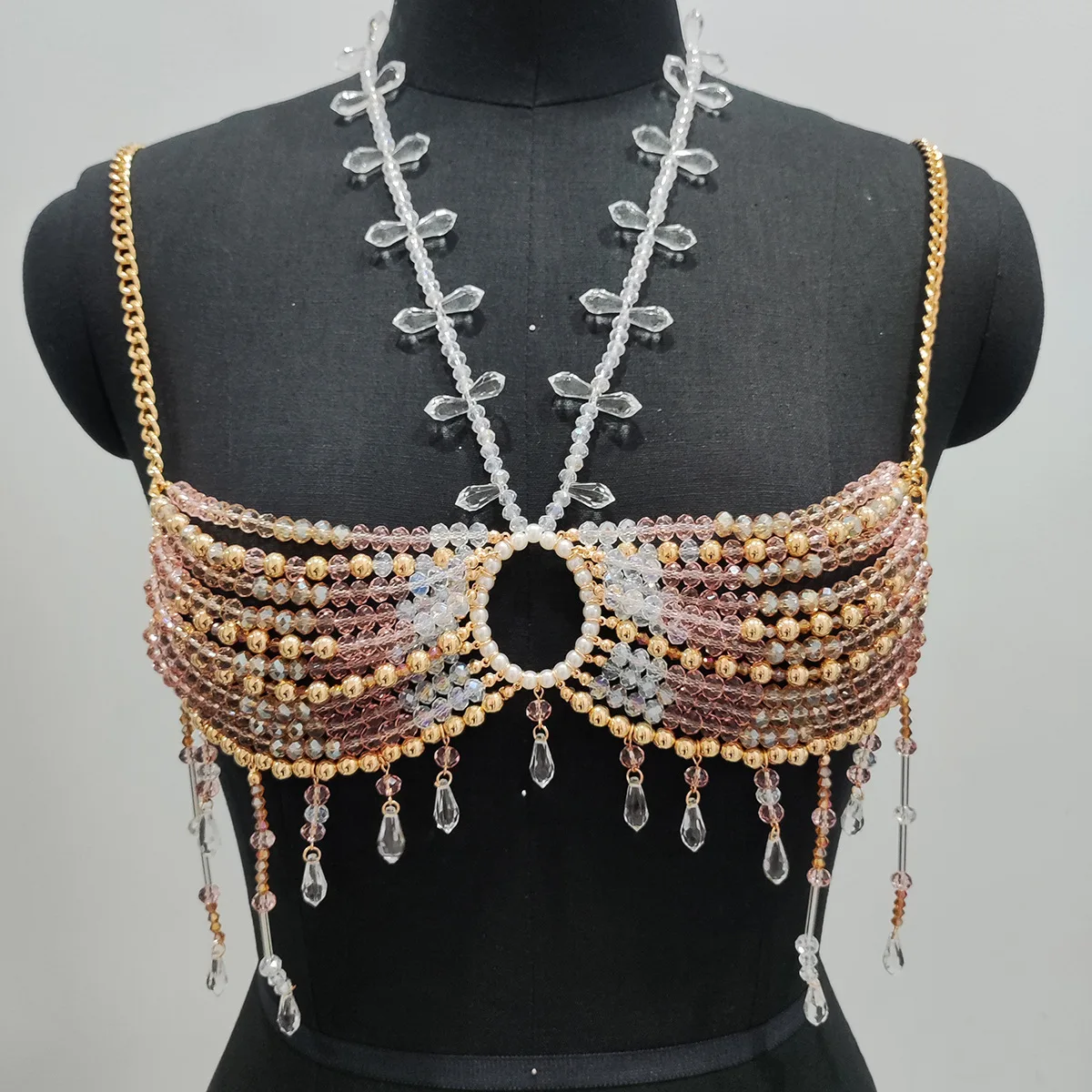 Handmade Crystal Bra Halter Gold Beaded Layered Lingerie Harness Bralette Beaded Women's Vest Neck Bra Bridal Beachwear