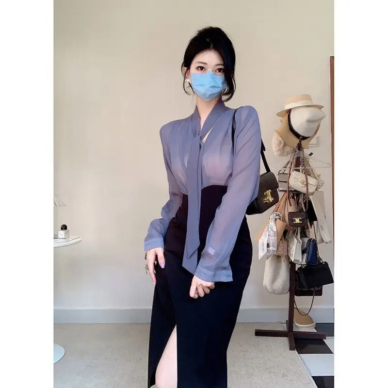 Summer New Elegant V Neck Thin Blouse Long Sleeve Loose Solid Temperament Simplicity Shirt Tops Fashion Korean Women Clothing