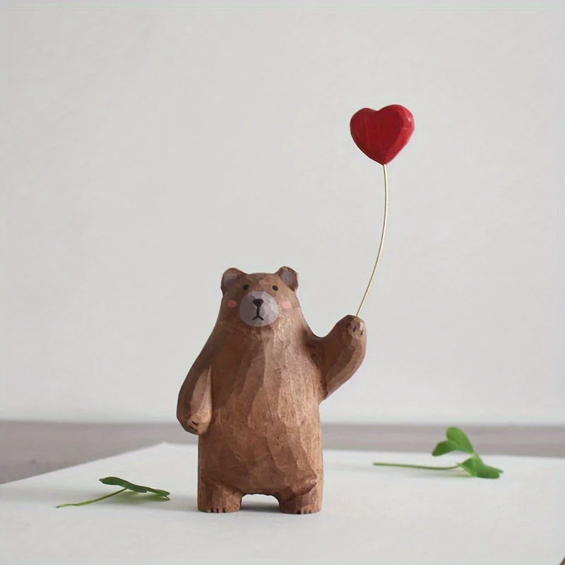 Wooden Bear Figurine with Heart Balloon - Handmade Desktop Decor, Cute Gift Idea