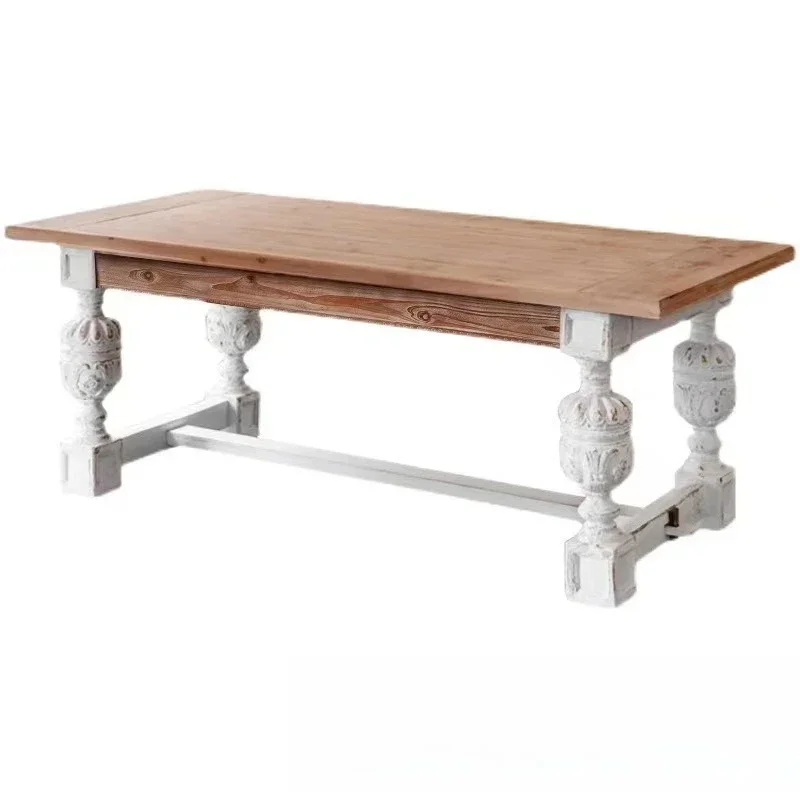 

American old dining table French retro old living room villa pastoral carved light luxury solid wood dining table