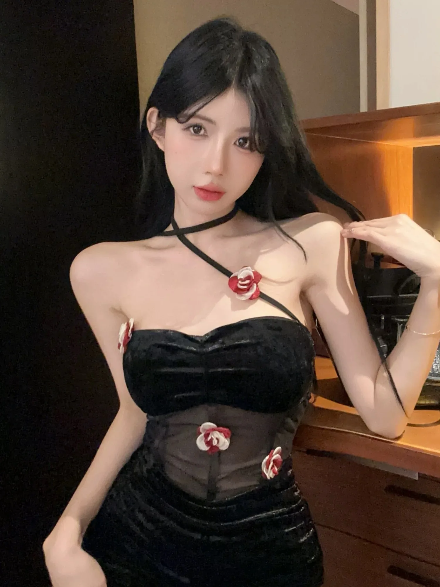 여성용 벨루어 드레스, 레이디 홀터 코르셋 허리 원피스, 3D 꽃 아피크, 블랙 섹시 여성 파티 데이트, 저녁 연회 드레스, 겨울