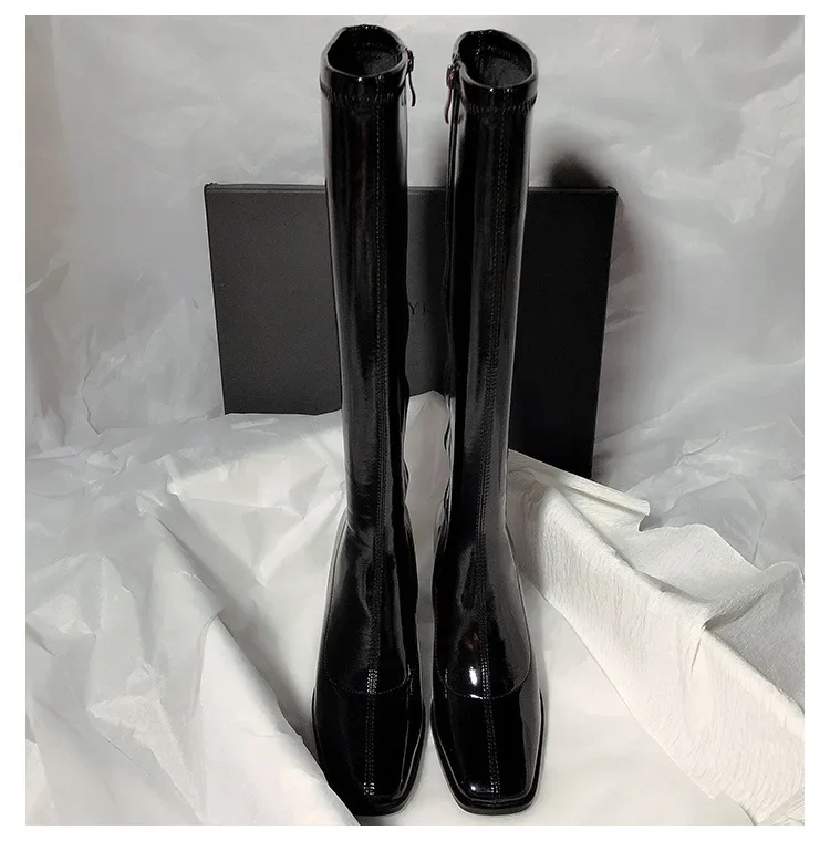 High Heels 2023 Autumn and Winter Women Patent Leather Black Boots Women\'s Stovepipe Zipper High Boots Ladies Shoes Long Boots