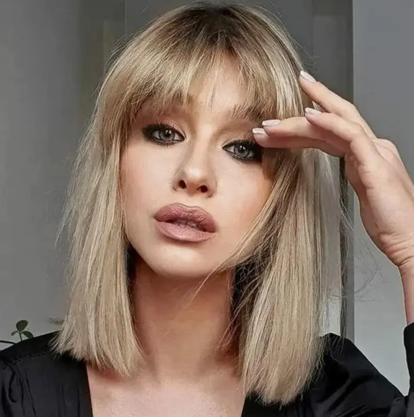 Ombre Blonde Bob Perruque avec Frange pour Femmes, Perruques Blondes Naturelles, Perruques Courtes