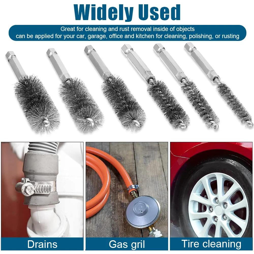 6/12-teiliges Edelstahl-Drahtbürsten-Set – 1/4 Zoll Sechskantgriff-Bohrreinigungswerkzeuge zum Schleifen, Polieren und Rostentfernung
