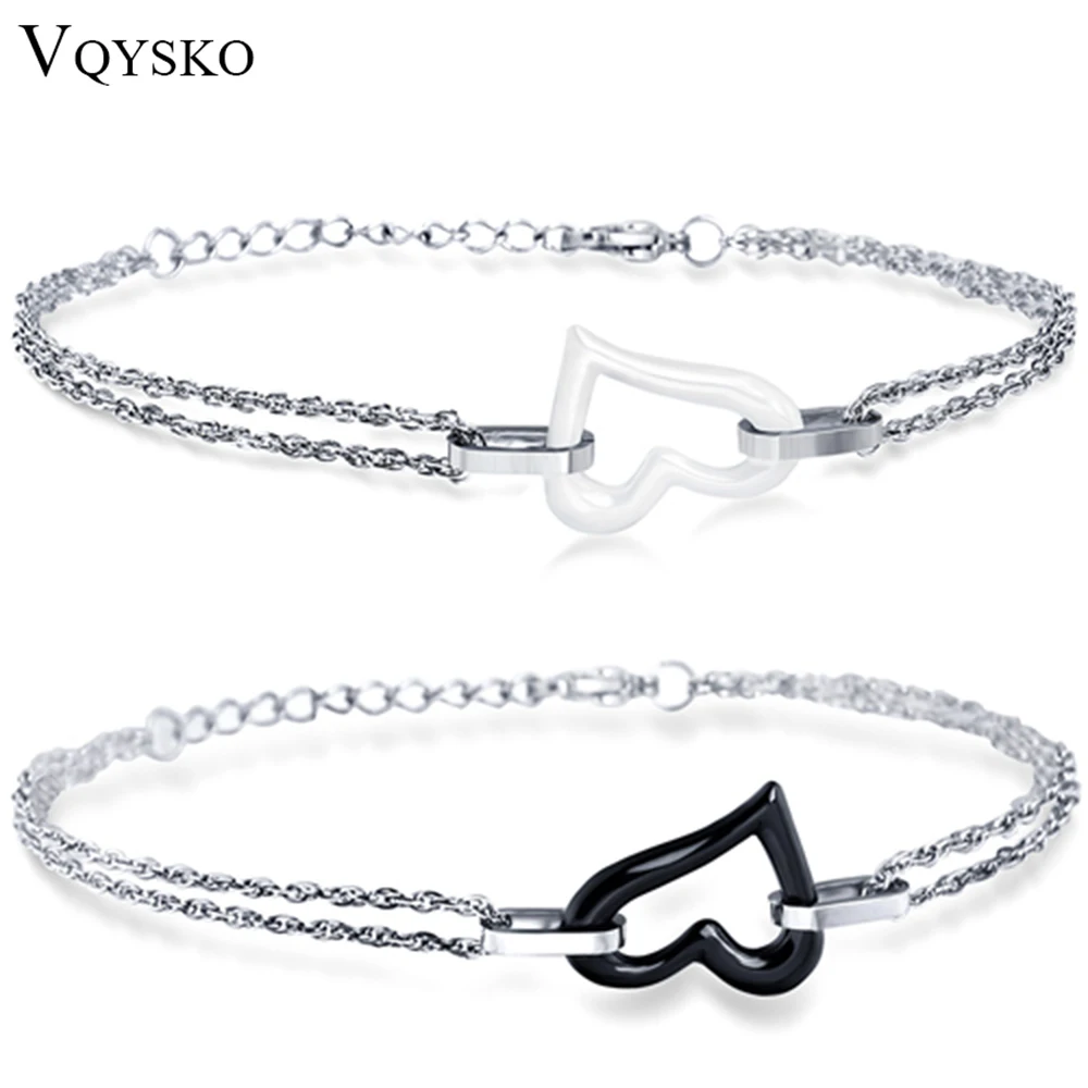 VQYSKO New Fashion Women Chain Bracelet White/Black Ceramic Heart Bracelet With Stainless Steel Chain Pulsera Jewelry