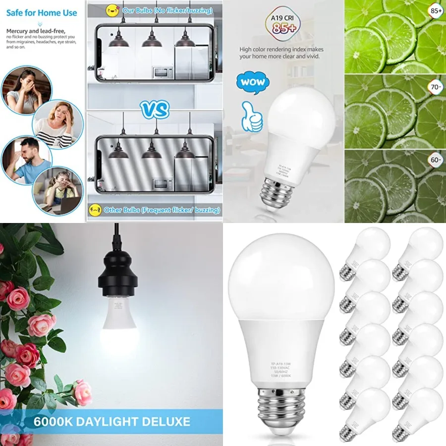

A19 LED Light Bulb, 100 Watt Equivalent, 6000K Daylight Deluxe LED Bulb, 1500 Lumens, E26 Base, No Dimmable, No Flicker for Liv