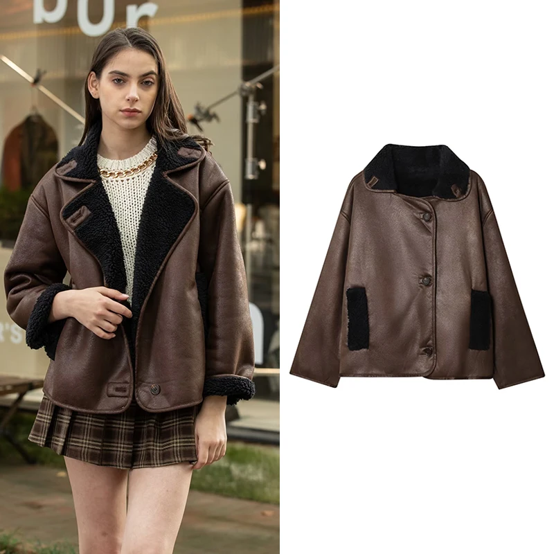 

TFMLN женские кожаные куртки большого размера, женские теплые пальто с длинными рукавами и пуговицами, модная винтажная верхняя одежда 2025 года