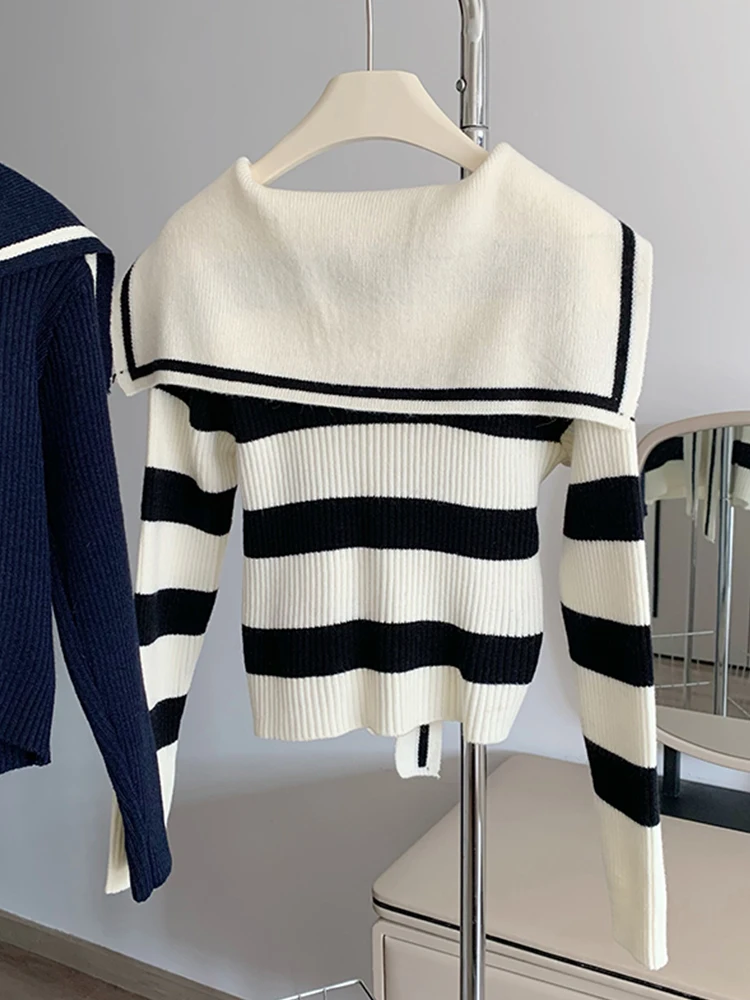 Autumn Women Striped Knitted Cardigan Office Lady Korean Fashion Long Sleeve Sailor Collar Basic Sweater Jumper Y2k Preppy Style