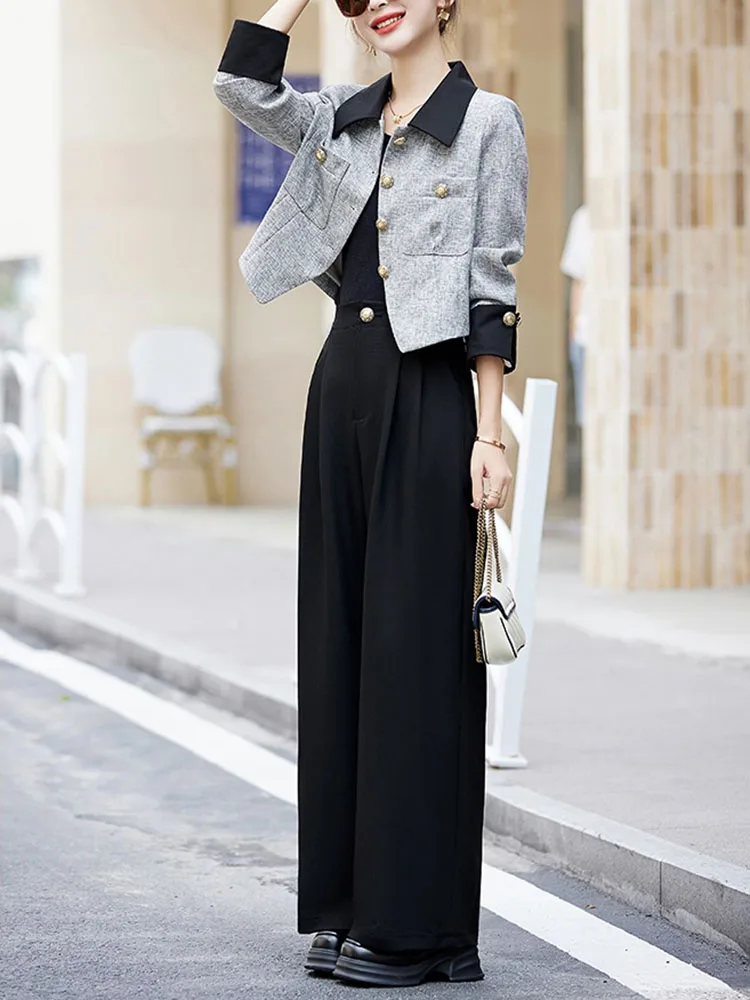 أزياء أنيقة متباينة اللون 2 قطعة مجموعة المرأة عارضة السراويل واسعة الساق Conjuntos واحدة الصدر البنطال القصير #6