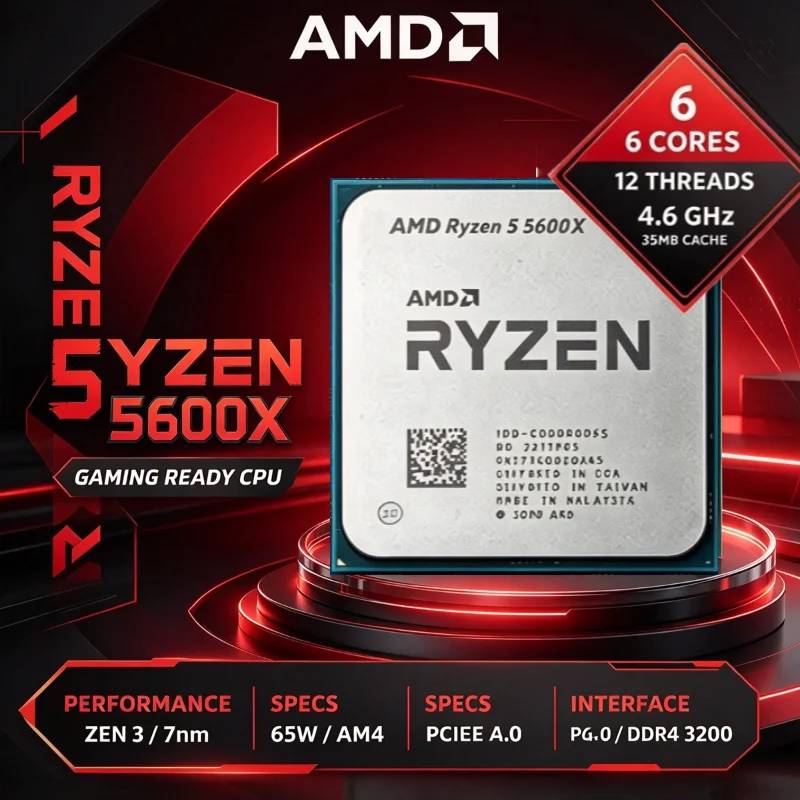 AMD Ryzen 5 5600X Procesador 6 Núcleos 12 Hilos 3.7GHz AM4 7NM 32M Caché L3 65W DDR4 Sin Ventilador CPU