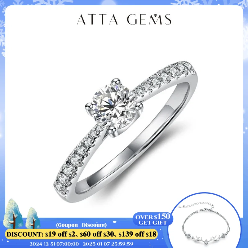 ATTAGEMS 0.5ct 5.0mm D Color Round Rhodium Plating 925 Silver Moissanite Ring Diamond Test Passed Jewelry Woman Girlfriend Gift