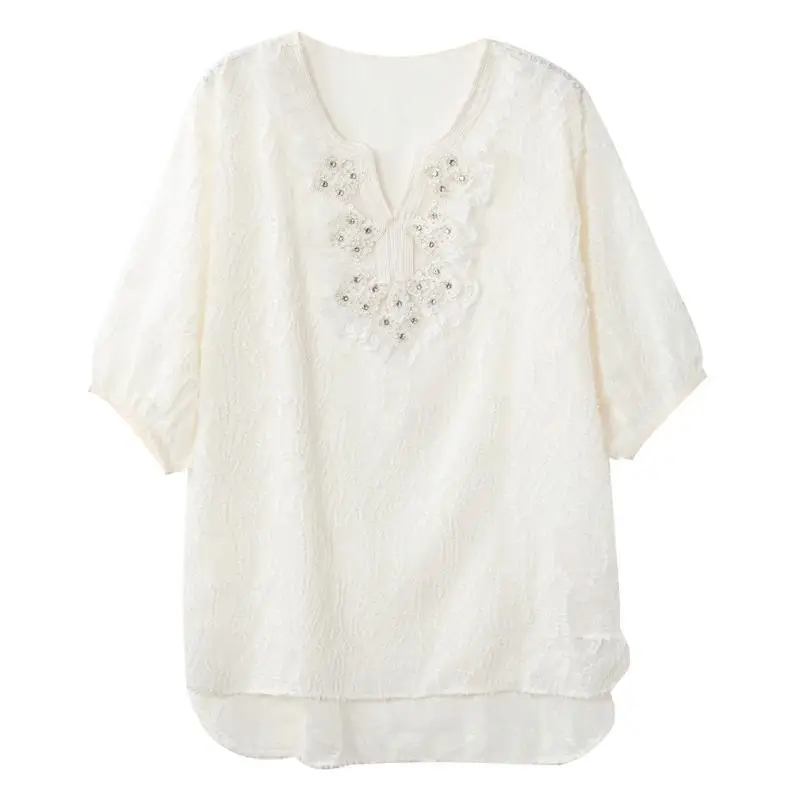 Summer New Solid Color Fashion Short Sleeve Blouse Women High Street Casual Loose Pullovers Embroidered Flares Lace Chic Tops